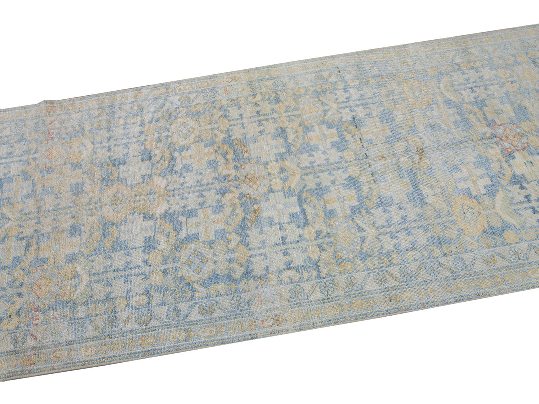 Vintage Malayer Handmade Medallion Floral Distressed Blue Wool Runner