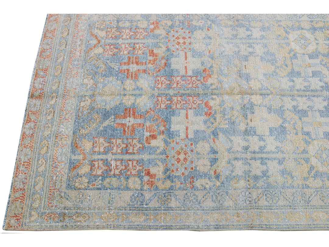 Vintage Malayer Handmade Medallion Floral Distressed Blue Wool Runner