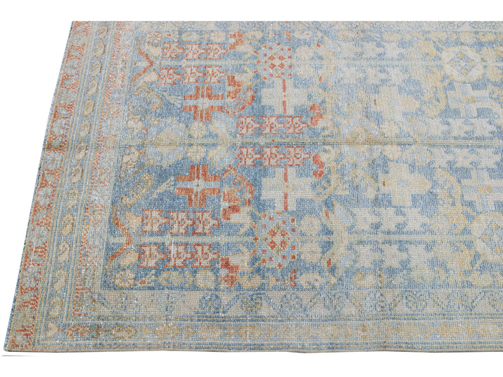 Vintage Malayer Handmade Medallion Floral Distressed Blue Wool Runner
