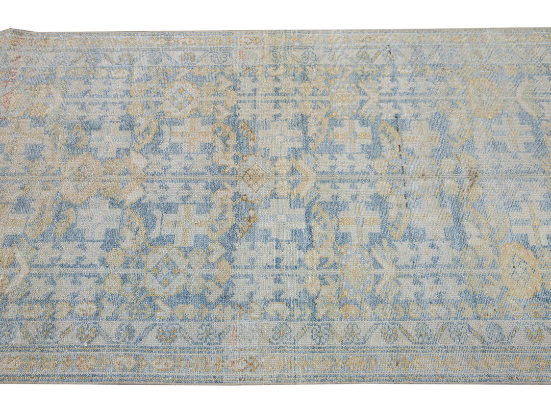 Vintage Malayer Handmade Medallion Floral Distressed Blue Wool Runner