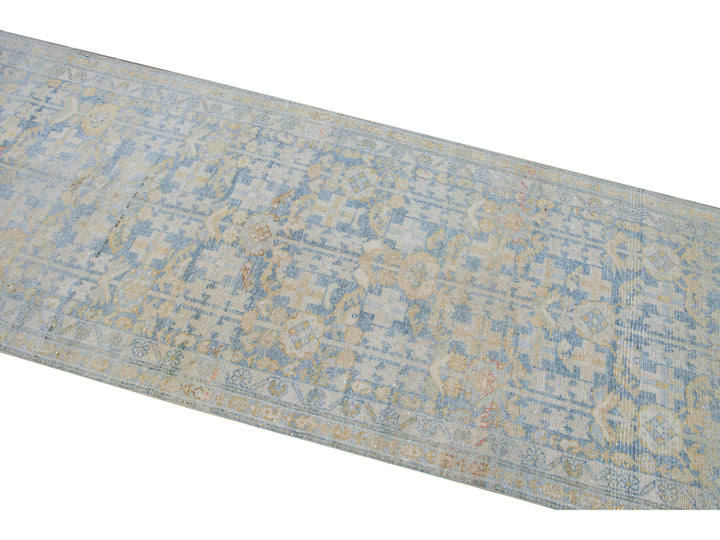 Vintage Malayer Handmade Medallion Floral Distressed Blue Wool Runner