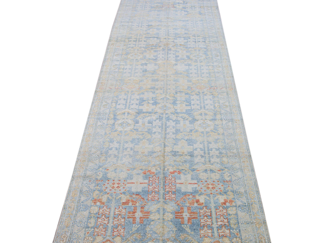 Vintage Malayer Handmade Medallion Floral Distressed Blue Wool Runner