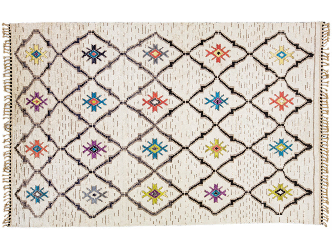 Modern Moroccan Style Handmade Tribal Motif Ivory Wool Rug