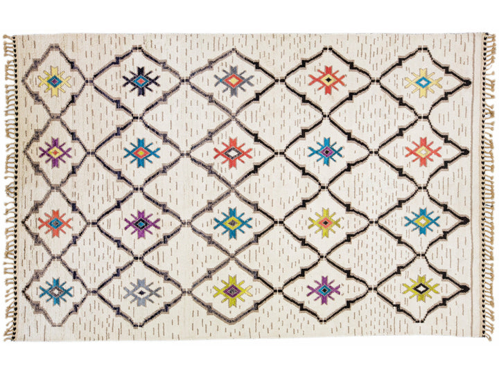 Modern Moroccan Style Handmade Tribal Motif Ivory Wool Rug
