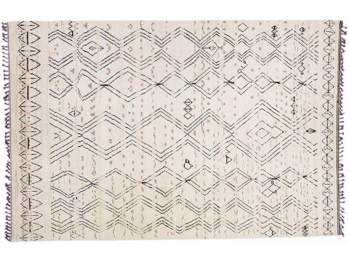 Contemporary Moroccan Style Handmade Ivory Wool Rug With Tribal Design
