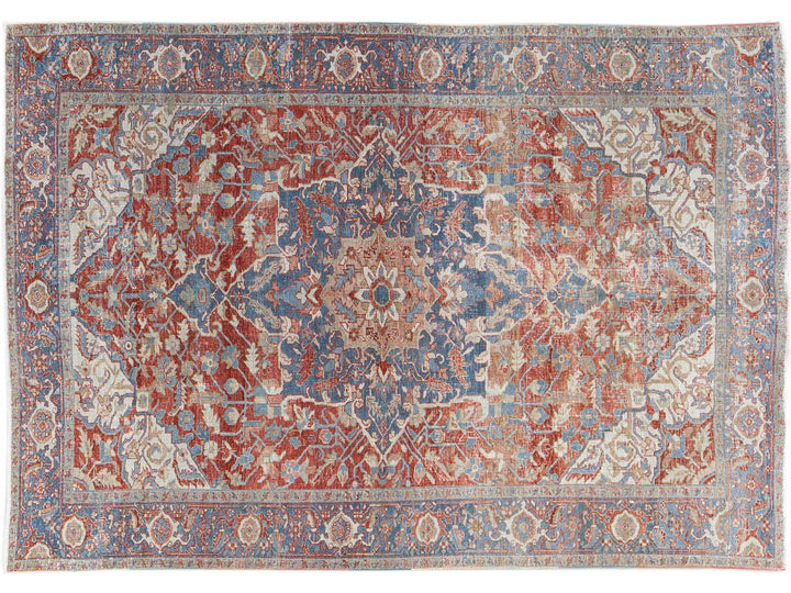 Antique Persian Heriz Handmade Red and Blue Medallion Floral Wool Rug