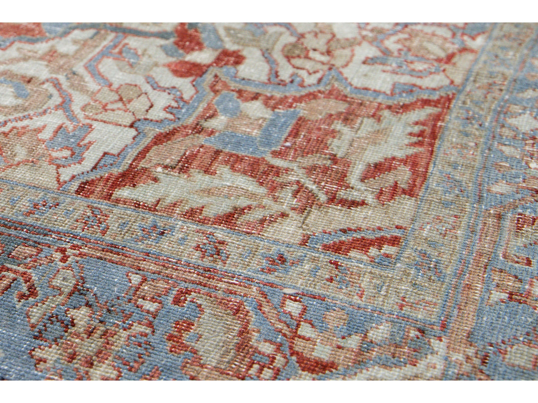 Antique Persian Heriz Handmade Red and Blue Medallion Floral Wool Rug