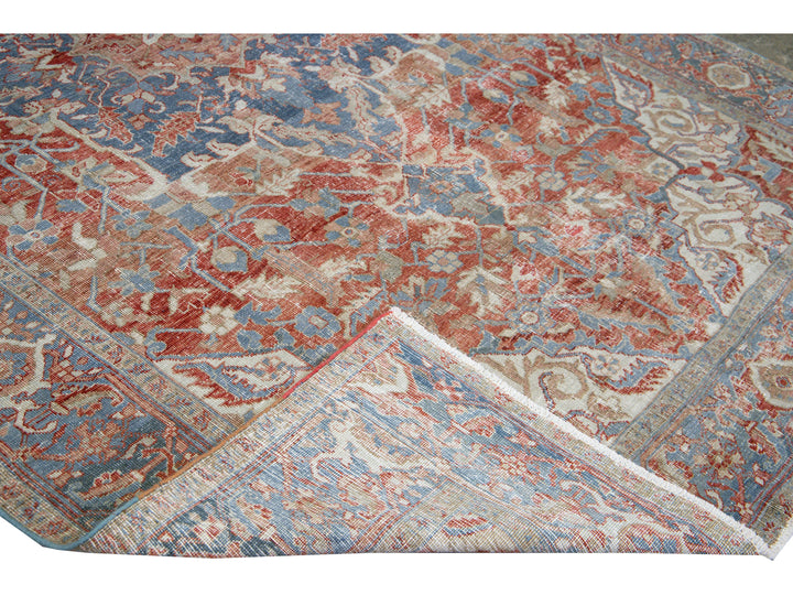 Antique Persian Heriz Handmade Red and Blue Medallion Floral Wool Rug
