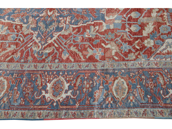Antique Persian Heriz Handmade Red and Blue Medallion Floral Wool Rug