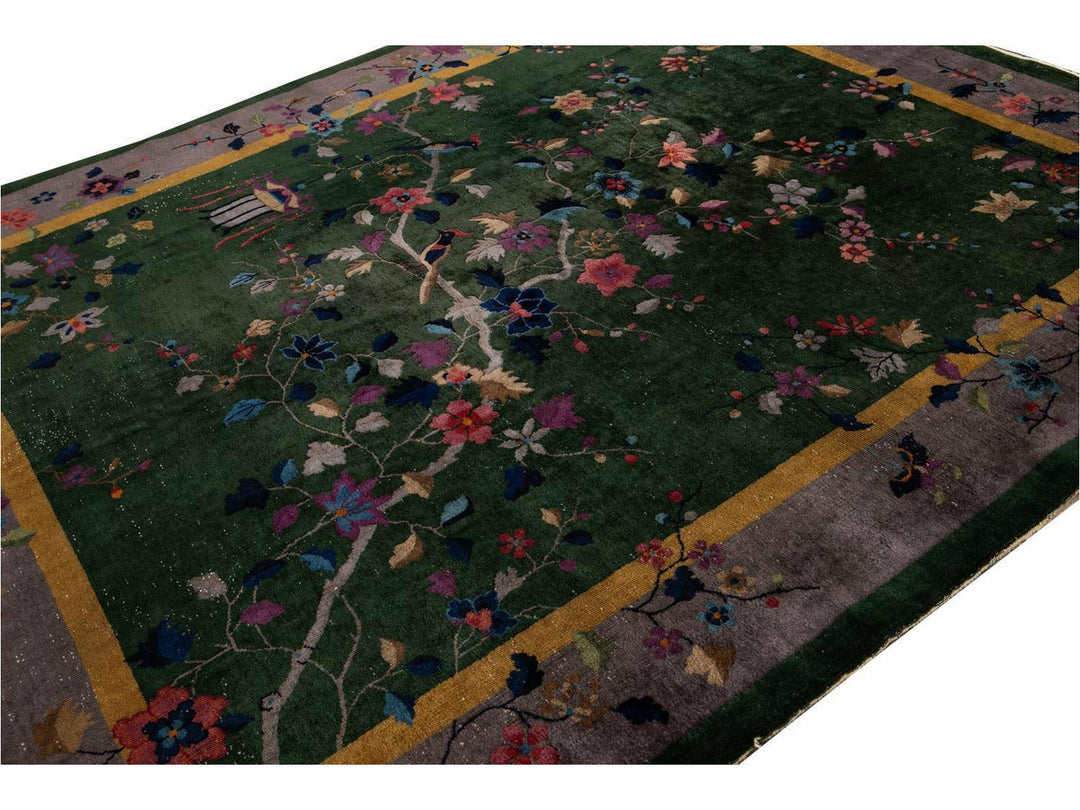 Antique Green Art Deco Chinese Wool Rug 8 X 10