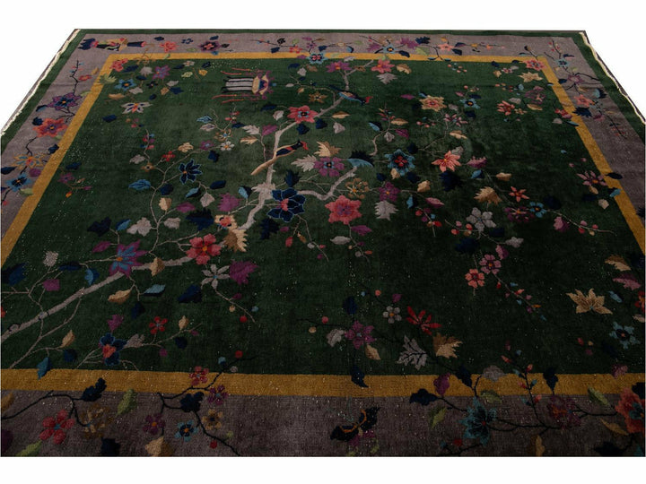 Antique Green Art Deco Chinese Wool Rug 8 X 10