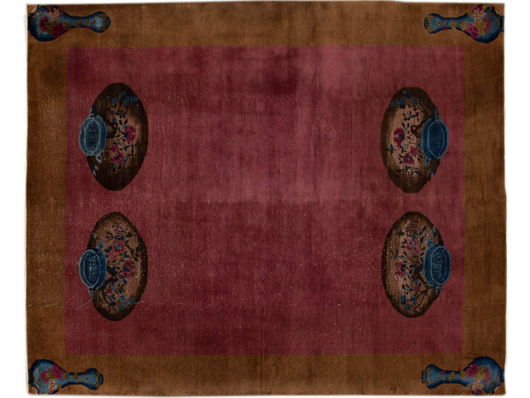 ntique Burgundy Art Deco Chinese Handmade Wool Rug