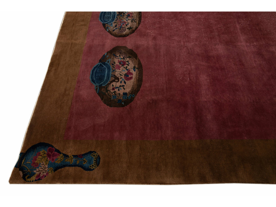 ntique Burgundy Art Deco Chinese Handmade Wool Rug