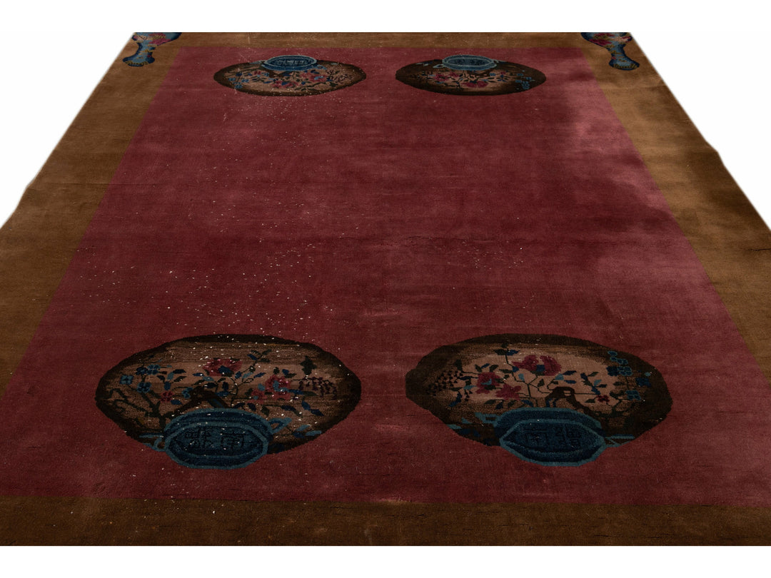ntique Burgundy Art Deco Chinese Handmade Wool Rug