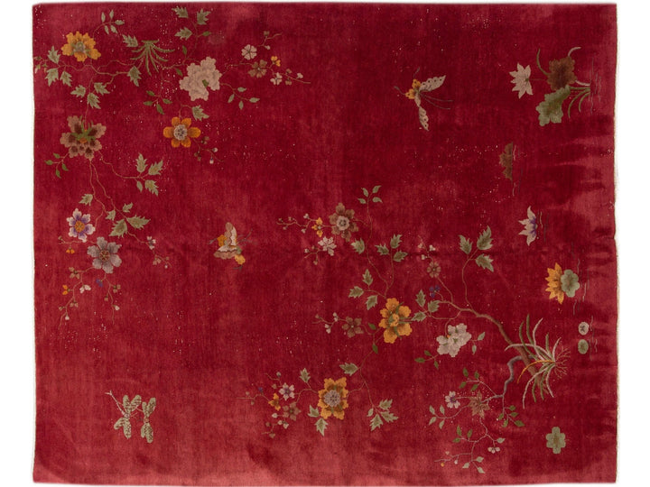 Antique Red Art Deco Chinese Handmade Wool Rug