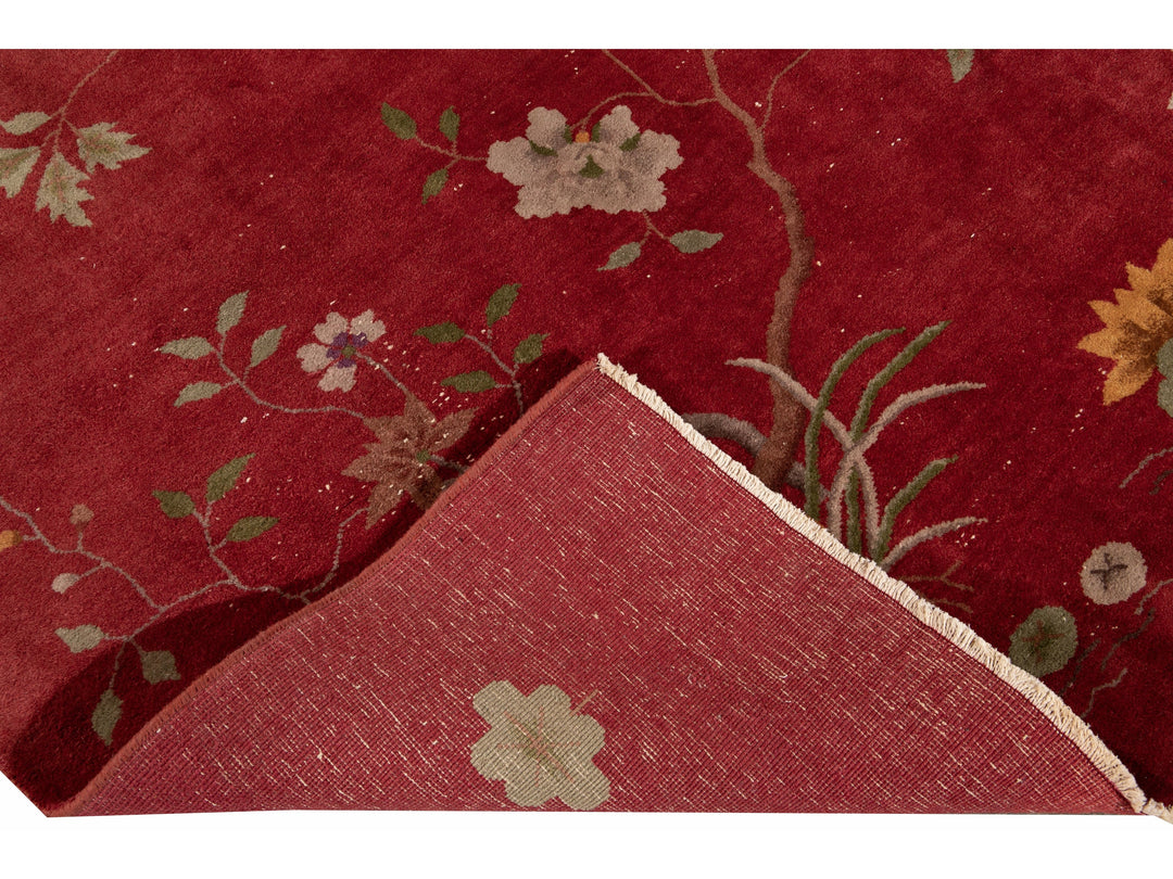 Antique Red Art Deco Chinese Handmade Wool Rug