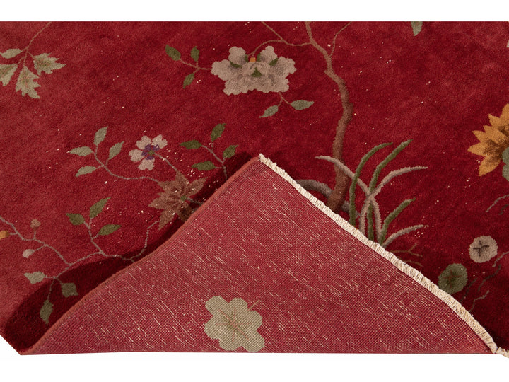 Antique Red Art Deco Chinese Handmade Wool Rug