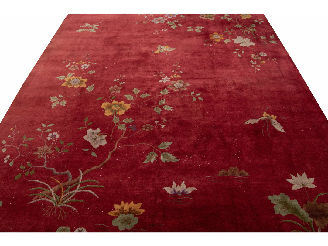 Antique Red Art Deco Chinese Handmade Wool Rug