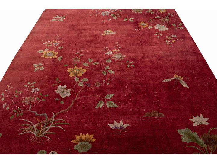 Antique Red Art Deco Chinese Handmade Wool Rug