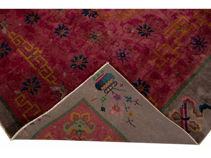 Red Antique Art Deco Chinese Handmade Floral Wool Rug
