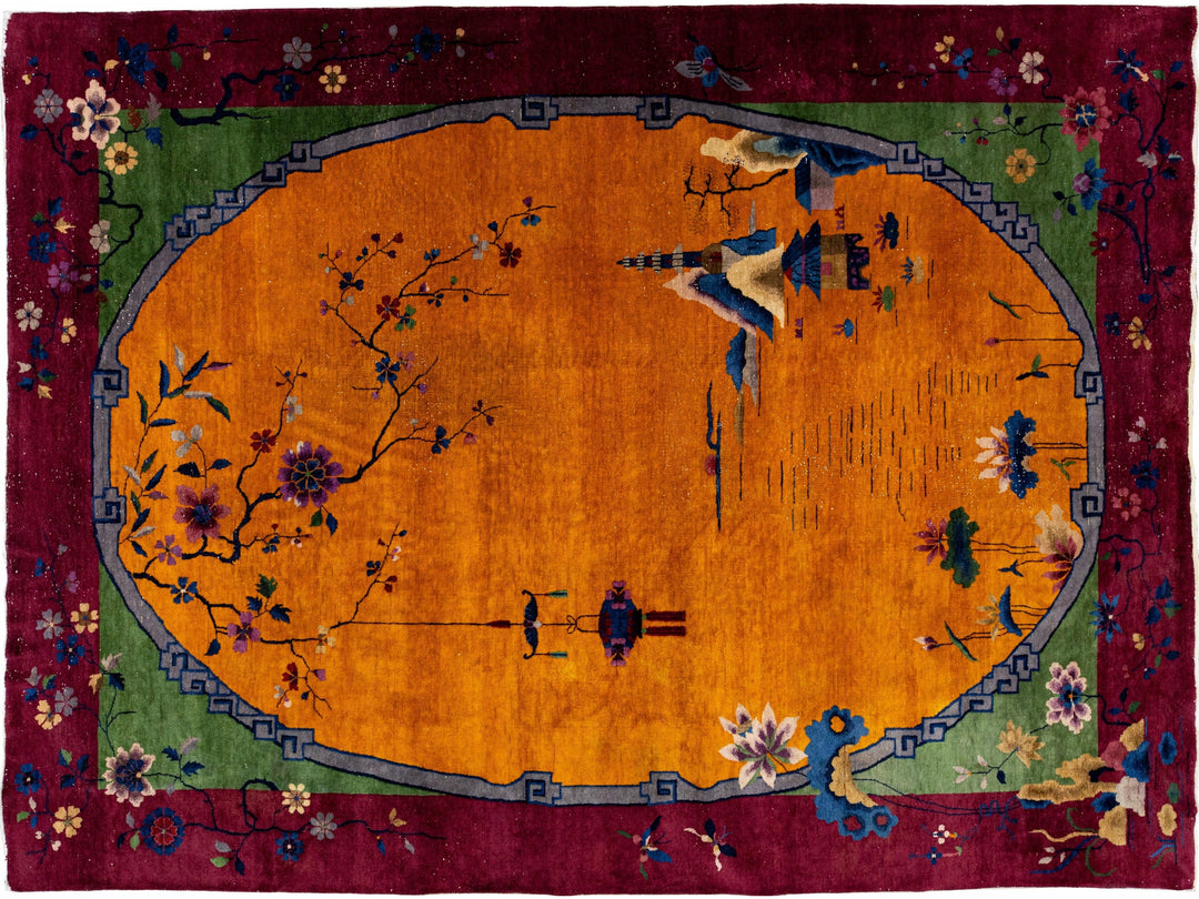 Antique Art Deco Handmade Floral Multicolor Chinese Wool Rug