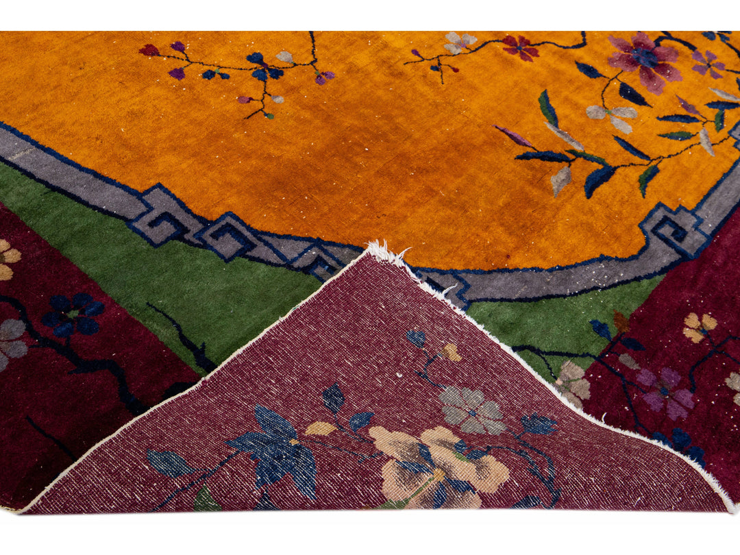 Antique Art Deco Handmade Floral Multicolor Chinese Wool Rug