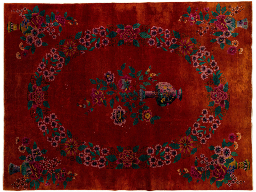 Red Antique Art Deco Handmade Chinese Floral Pattern Wool Rug