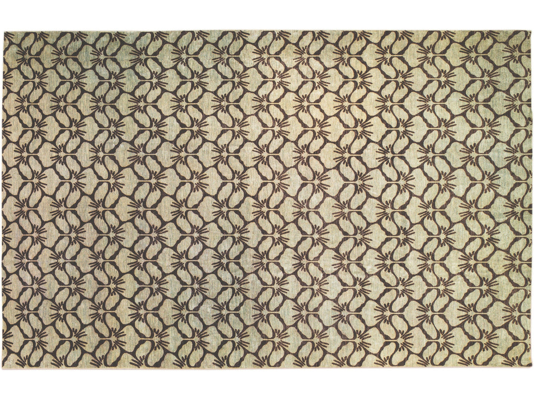 Modern Transitional Handmade Brown Palmettes Pattern Oversize Tan Wool Rug