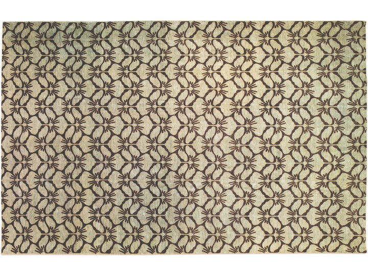 Modern Transitional Handmade Brown Palmettes Pattern Oversize Tan Wool Rug