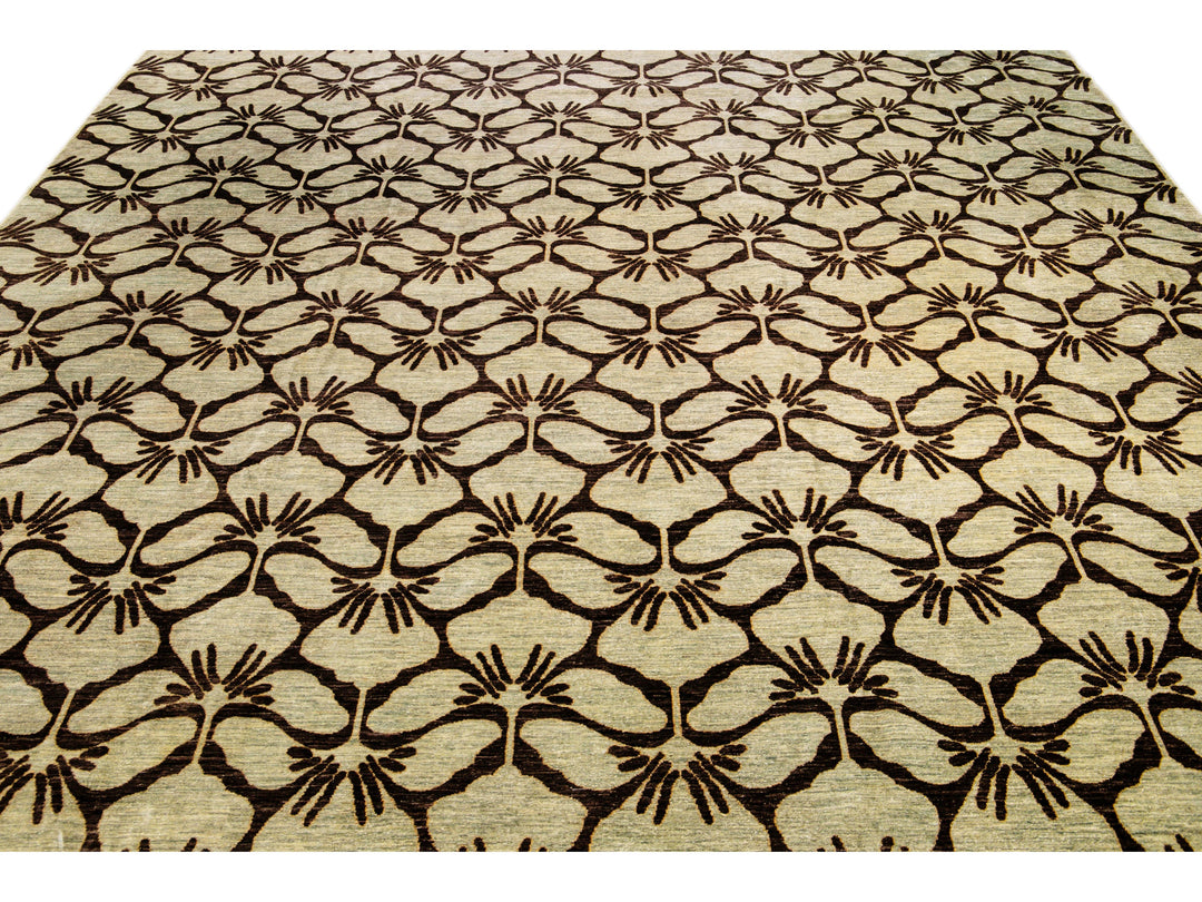 Modern Transitional Handmade Brown Palmettes Pattern Oversize Tan Wool Rug