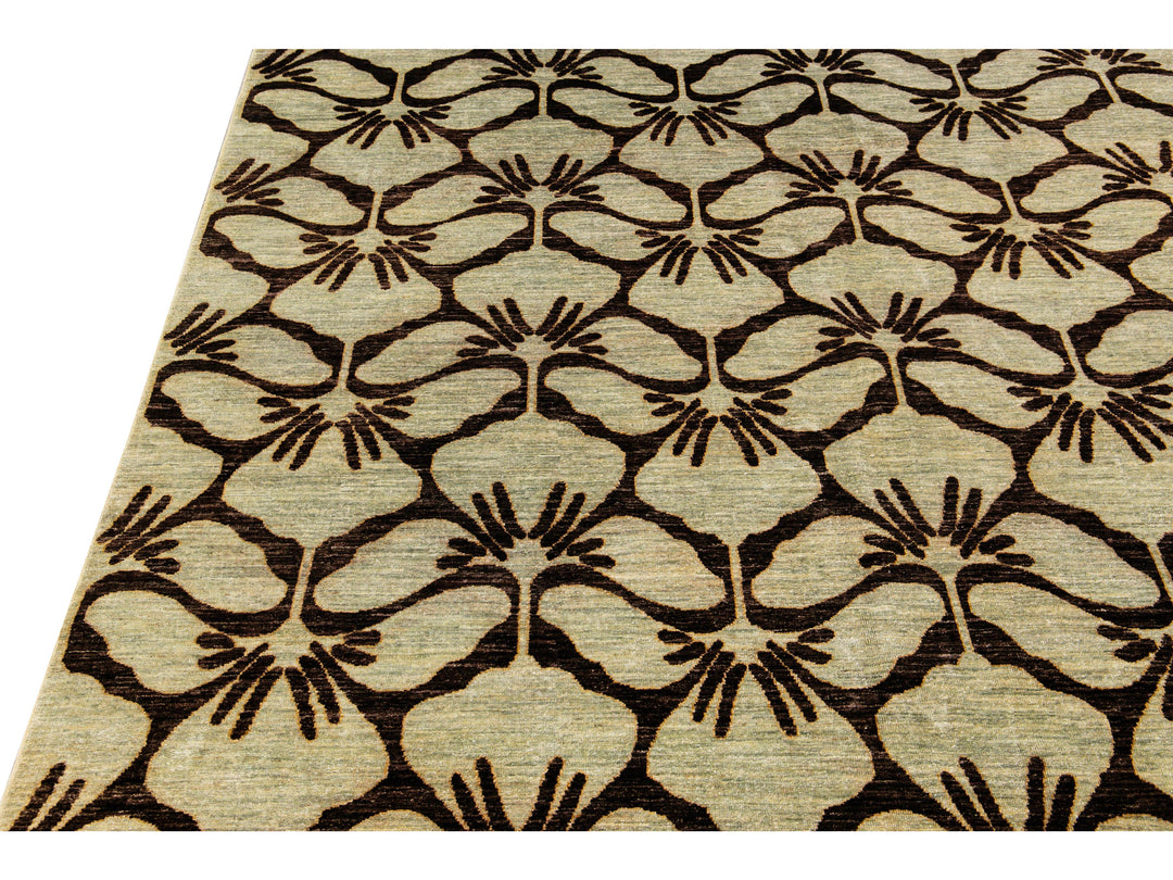 Modern Transitional Handmade Brown Palmettes Pattern Oversize Tan Wool Rug