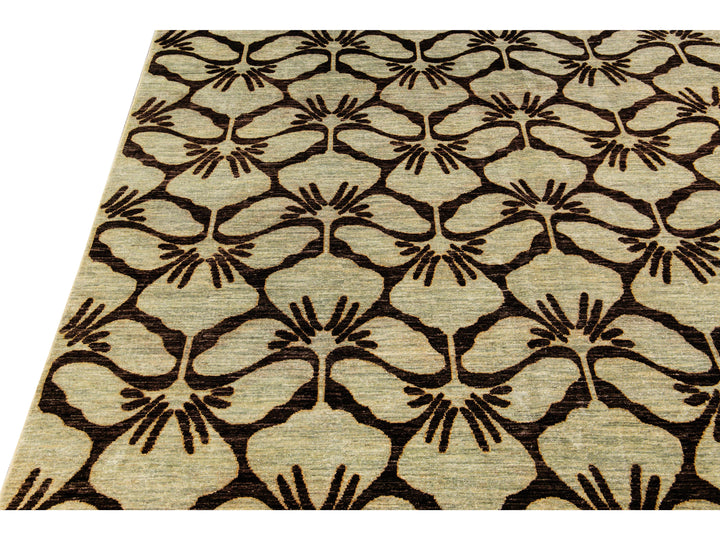 Modern Transitional Handmade Brown Palmettes Pattern Oversize Tan Wool Rug