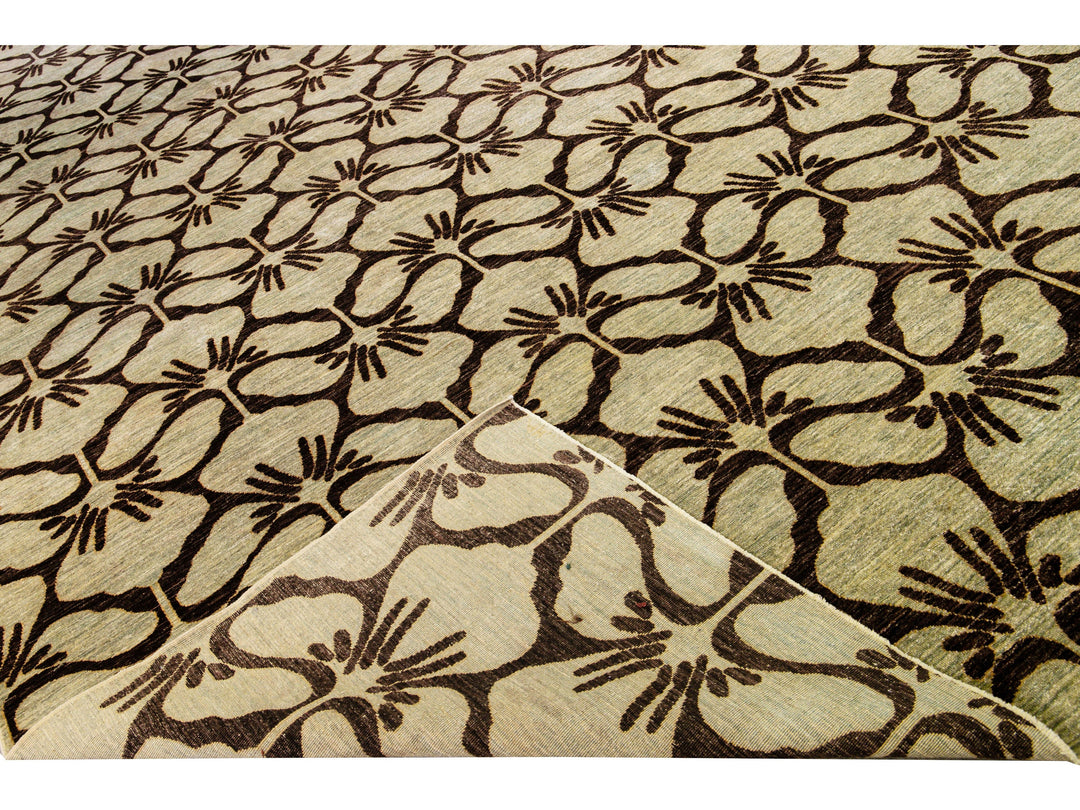 Modern Transitional Handmade Brown Palmettes Pattern Oversize Tan Wool Rug