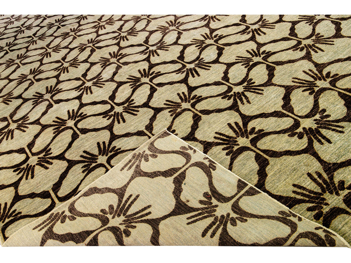 Modern Transitional Handmade Brown Palmettes Pattern Oversize Tan Wool Rug