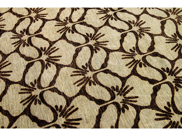 Modern Transitional Handmade Brown Palmettes Pattern Oversize Tan Wool Rug