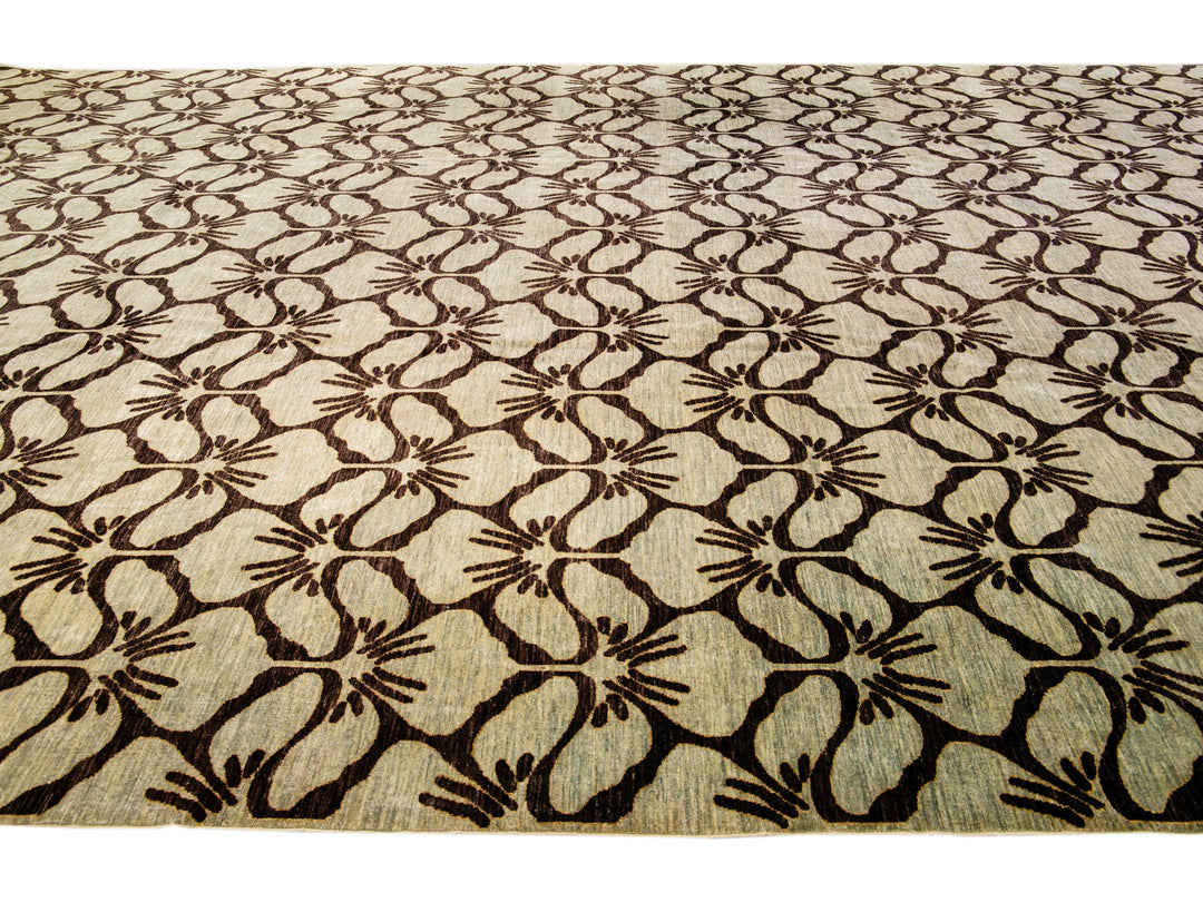 Modern Transitional Handmade Brown Palmettes Pattern Oversize Tan Wool Rug