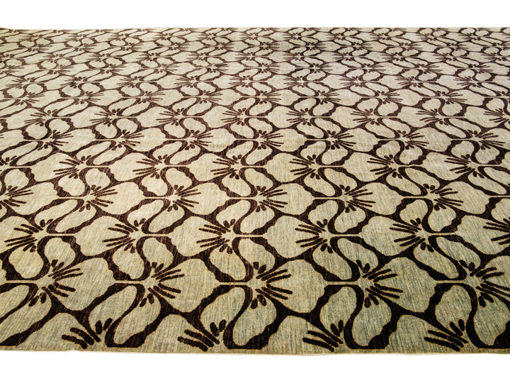 Modern Transitional Handmade Brown Palmettes Pattern Oversize Tan Wool Rug