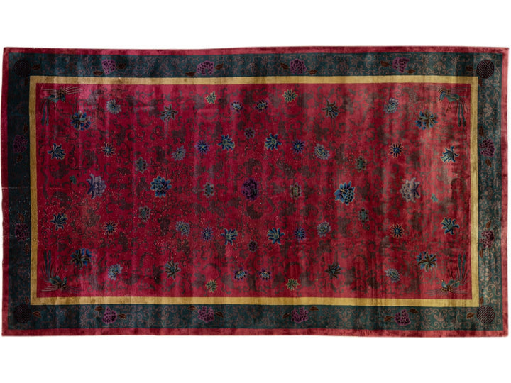 Antique Art Deco Handmade Chinese Floral Red Wool Rug