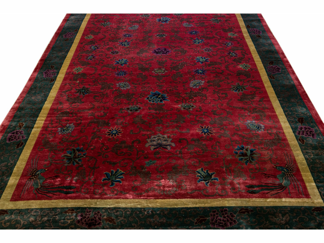 Antique Art Deco Handmade Chinese Floral Red Wool Rug