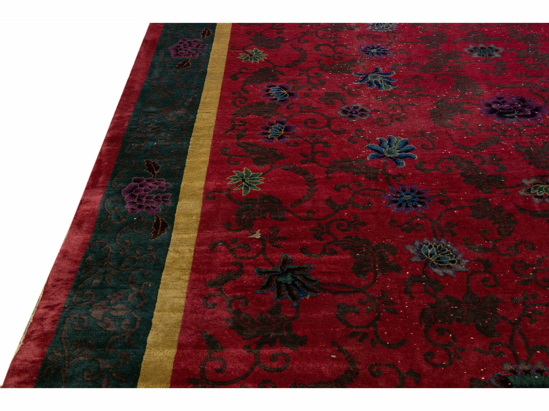 Antique Art Deco Handmade Chinese Floral Red Wool Rug