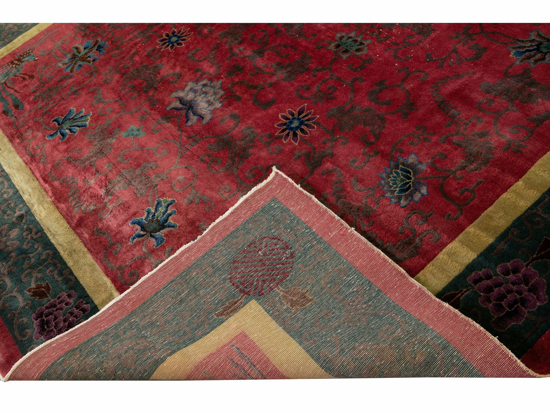 Antique Art Deco Handmade Chinese Floral Red Wool Rug