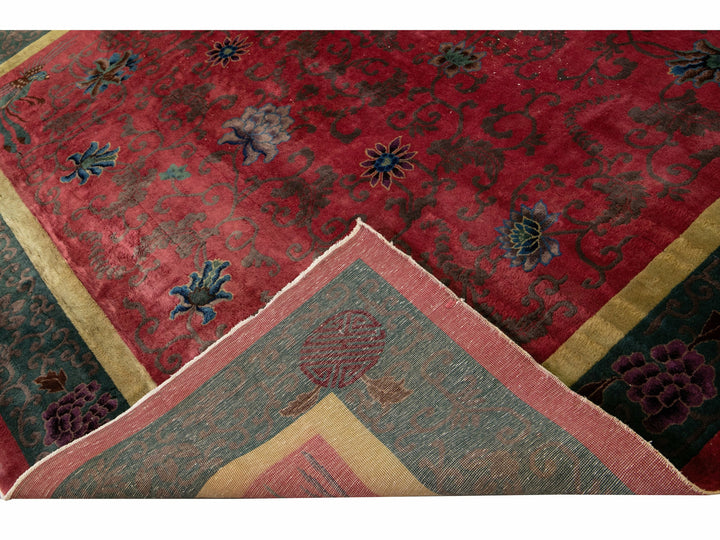 Antique Art Deco Handmade Chinese Floral Red Wool Rug