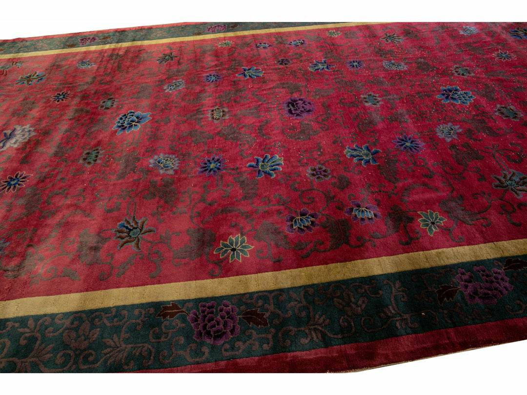 Antique Art Deco Handmade Chinese Floral Red Wool Rug