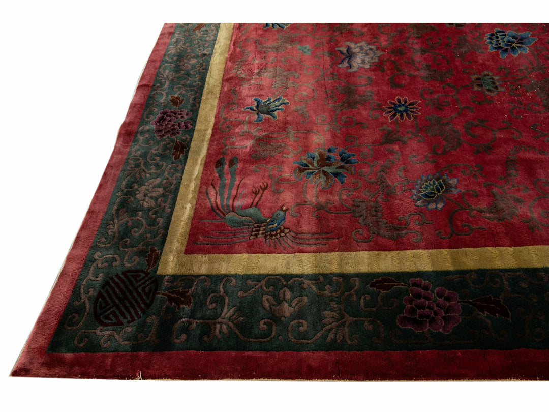 Antique Art Deco Handmade Chinese Floral Red Wool Rug