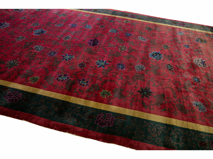 Antique Art Deco Handmade Chinese Floral Red Wool Rug