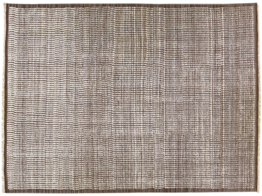 Modern Moroccan Style Handmade Brown Wool Rug with Minimalist Design