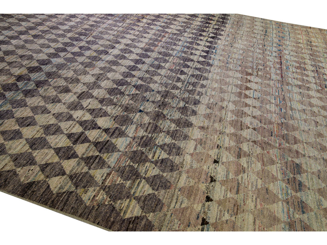 Modern Moroccan Style Handmade Diamond Check Pattern Brown Square Wool Rug