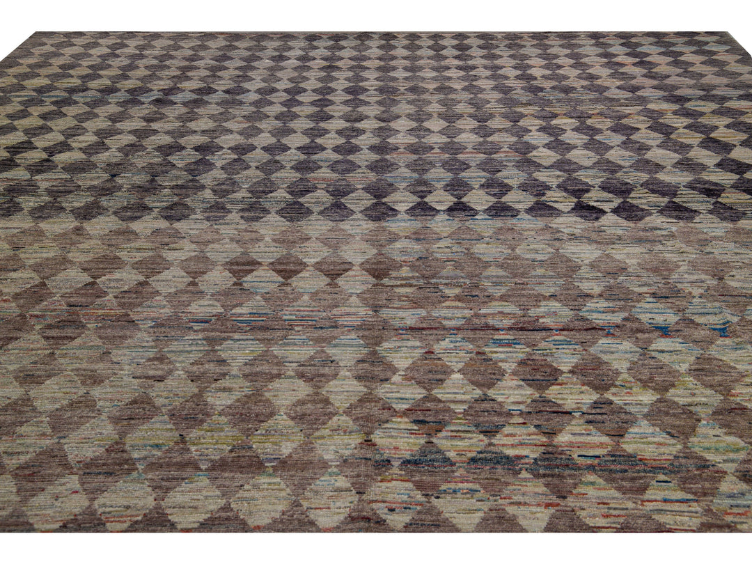 Modern Moroccan Style Handmade Diamond Check Pattern Brown Square Wool Rug