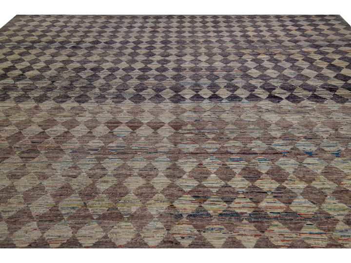Modern Moroccan Style Handmade Diamond Check Pattern Brown Square Wool Rug