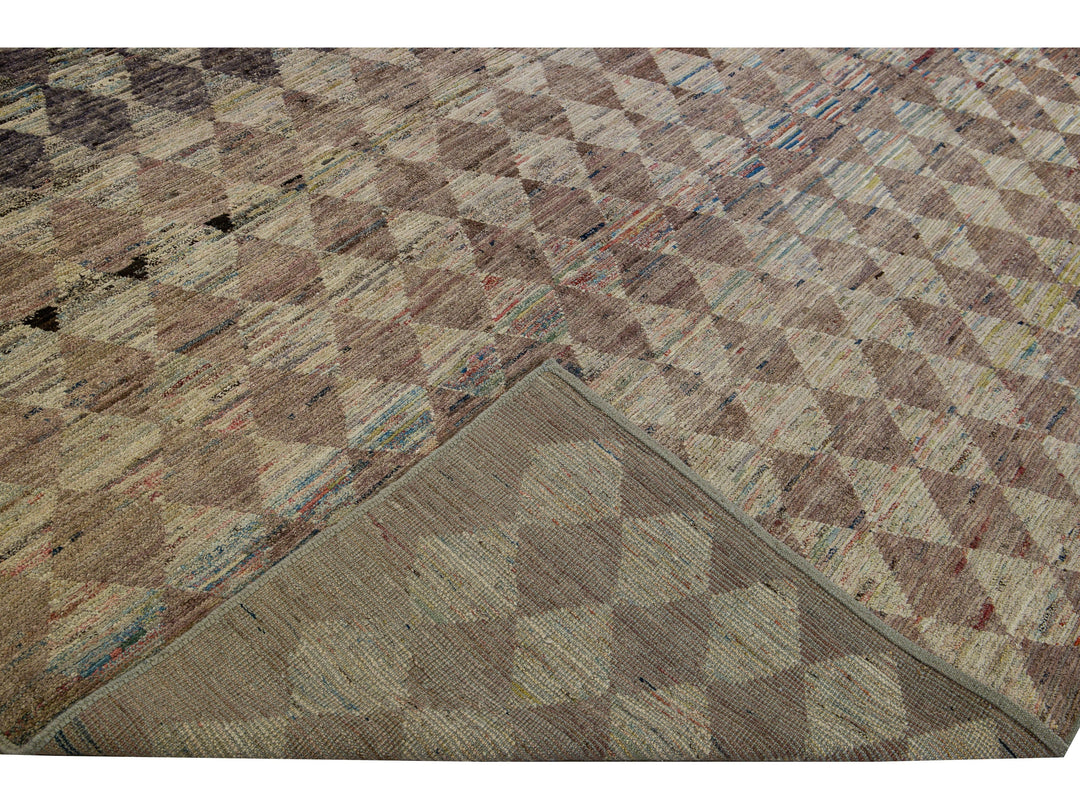 Modern Moroccan Style Handmade Diamond Check Pattern Brown Square Wool Rug